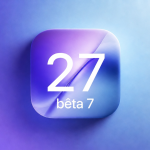 Concept iOS 27 bêta 7 : grand carré glassmorphism centré avec le chiffre 27 et bêta 7 en dessous, sur fond dégradé indigo à cyan