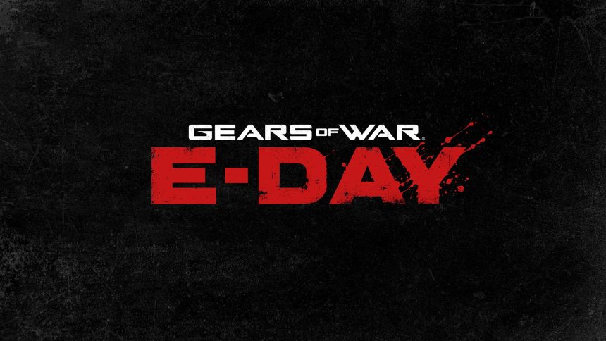 Key art officiel de Gears of War: E-Day, le logo du jeu sur fond sombre