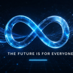 Manifeste The Future is for Everyone de Mark Zuckerberg pour une IA libre et ouverte, symbole infini Meta sur fond techno bleu nuit