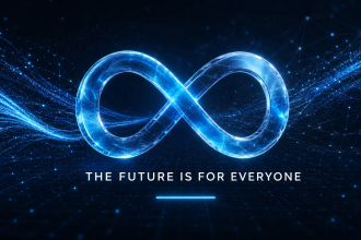 Manifeste The Future is for Everyone de Mark Zuckerberg pour une IA libre et ouverte, symbole infini Meta sur fond techno bleu nuit