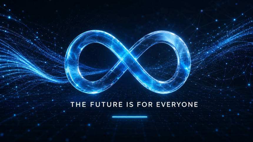 Manifeste The Future is for Everyone de Mark Zuckerberg pour une IA libre et ouverte, symbole infini Meta sur fond techno bleu nuit