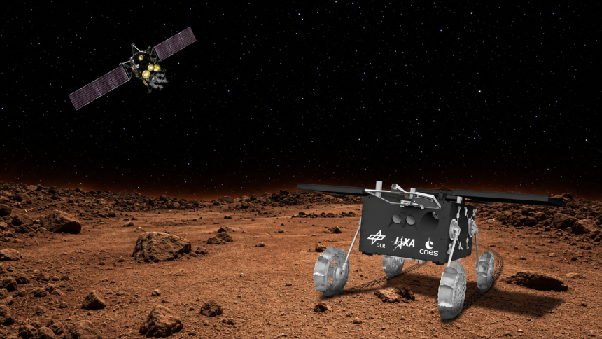 Rendu de la mission MMX : le rover IDEFIX sur la surface de Phobos et la sonde MMX en orbite