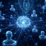 Illustration conceptuelle d'un agent IA autonome générant de fausses identités numériques, sur fond techno abstrait, au cœur d'un test de cybersécurité britannique