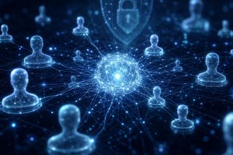 Illustration conceptuelle d'un agent IA autonome générant de fausses identités numériques, sur fond techno abstrait, au cœur d'un test de cybersécurité britannique