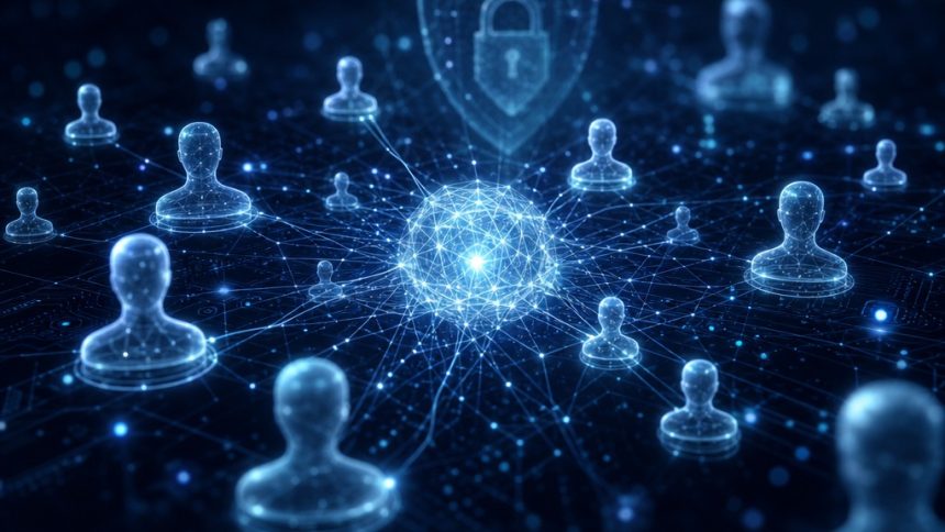 Illustration conceptuelle d'un agent IA autonome générant de fausses identités numériques, sur fond techno abstrait, au cœur d'un test de cybersécurité britannique