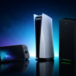 Concept des trois consoles de nouvelle génération (Switch 2, PS5, Xbox Series) alignées sur scène de studio sombre, visuel éditorial 16:9 du marché des consoles