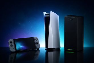 Concept des trois consoles de nouvelle génération (Switch 2, PS5, Xbox Series) alignées sur scène de studio sombre, visuel éditorial 16:9 du marché des consoles