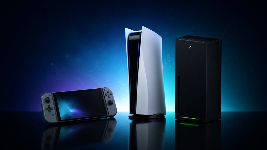 Concept des trois consoles de nouvelle génération (Switch 2, PS5, Xbox Series) alignées sur scène de studio sombre, visuel éditorial 16:9 du marché des consoles