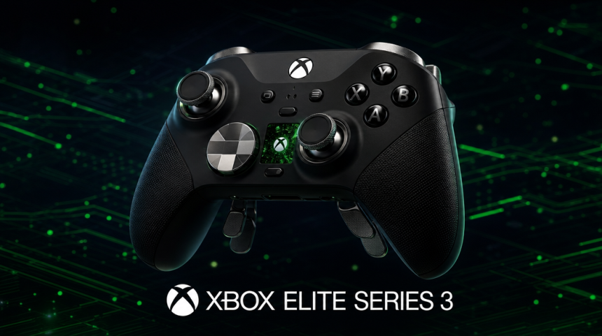 Rendu concept de la manette Xbox Elite Series 3 avec un écran intégré sur la face avant