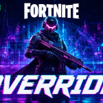 Artwork concept Fortnite Chapitre 7 Saison 4 Override, héros battle royale sur fond techno glitch