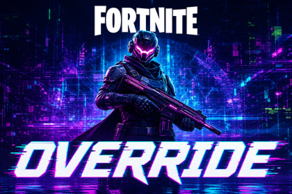 Artwork concept Fortnite Chapitre 7 Saison 4 Override, héros battle royale sur fond techno glitch