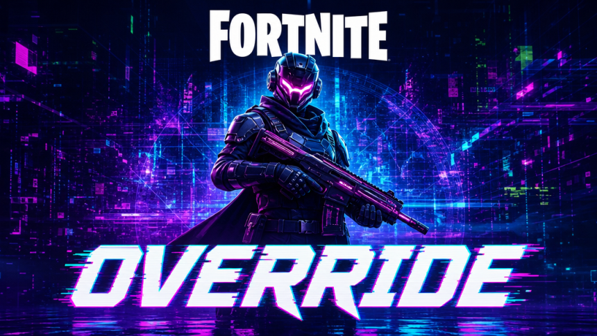Artwork concept Fortnite Chapitre 7 Saison 4 Override, héros battle royale sur fond techno glitch
