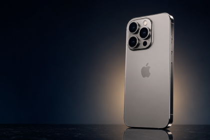 Rendu concept de l'iPhone 18 Pro, smartphone titane avec îlot photo triple capteur et logo Apple, sur fond sombre studio