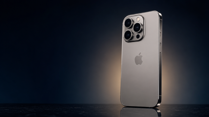 Rendu concept de l'iPhone 18 Pro, smartphone titane avec îlot photo triple capteur et logo Apple, sur fond sombre studio