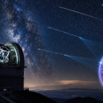 Télescope d'observatoire sous un ciel étoilé traversé de traînées de satellites Starlink, avec un capteur neuromorphique abstrait, concept