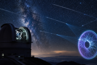 Télescope d'observatoire sous un ciel étoilé traversé de traînées de satellites Starlink, avec un capteur neuromorphique abstrait, concept