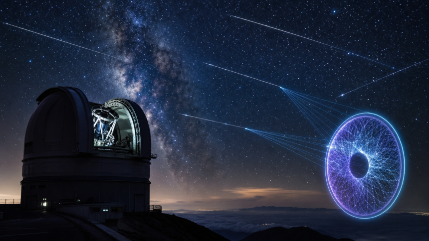 Télescope d'observatoire sous un ciel étoilé traversé de traînées de satellites Starlink, avec un capteur neuromorphique abstrait, concept