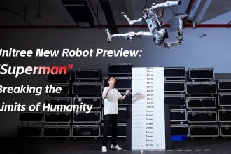 Robot humanoïde Unitree Superman en plein saut de deux mètres, visuel officiel du fabricant