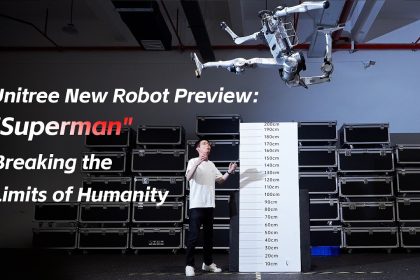 Robot humanoïde Unitree Superman en plein saut de deux mètres, visuel officiel du fabricant
