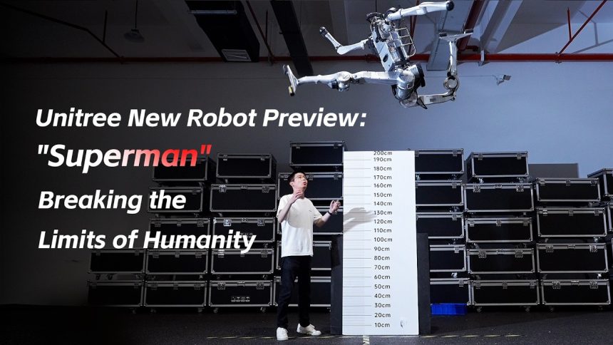 Robot humanoïde Unitree Superman en plein saut de deux mètres, visuel officiel du fabricant