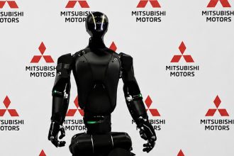 Robot humanoïde Highlanders HL Human devant un écran aux couleurs Mitsubishi Motors