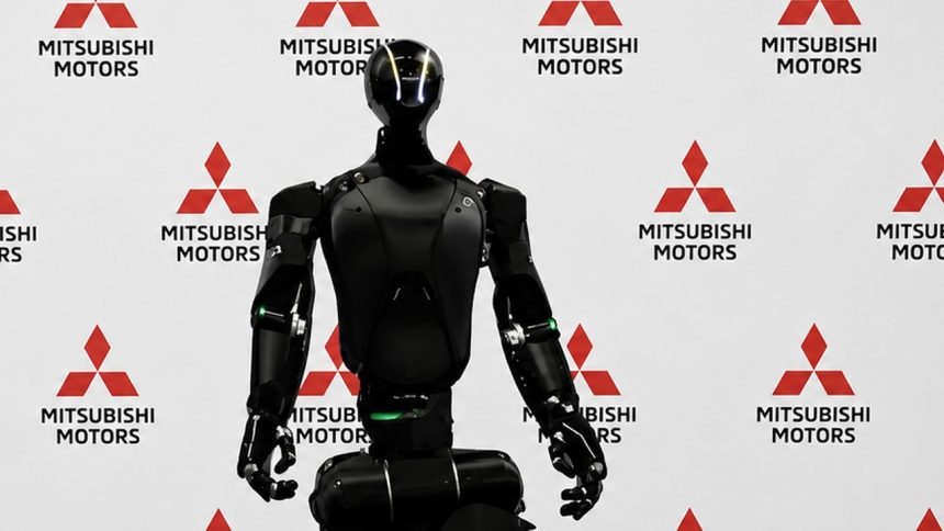 Robot humanoïde Highlanders HL Human devant un écran aux couleurs Mitsubishi Motors