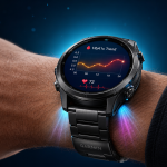 Concept d'une montre connectée Garmin mesurant la glycémie non invasive au poignet grâce à un capteur optique