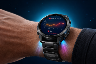 Concept d'une montre connectée Garmin mesurant la glycémie non invasive au poignet grâce à un capteur optique