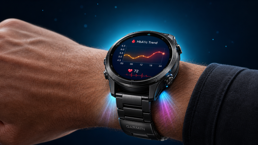 Concept d'une montre connectée Garmin mesurant la glycémie non invasive au poignet grâce à un capteur optique