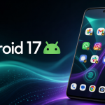 Smartphone Pixel affichant l'écran d'accueil Android 17 avec plusieurs applications verrouillées par un cadenas et une empreinte digitale, robot Android vert et mention Android 17 sur fond teal et violet
