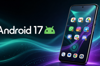 Smartphone Pixel affichant l'écran d'accueil Android 17 avec plusieurs applications verrouillées par un cadenas et une empreinte digitale, robot Android vert et mention Android 17 sur fond teal et violet