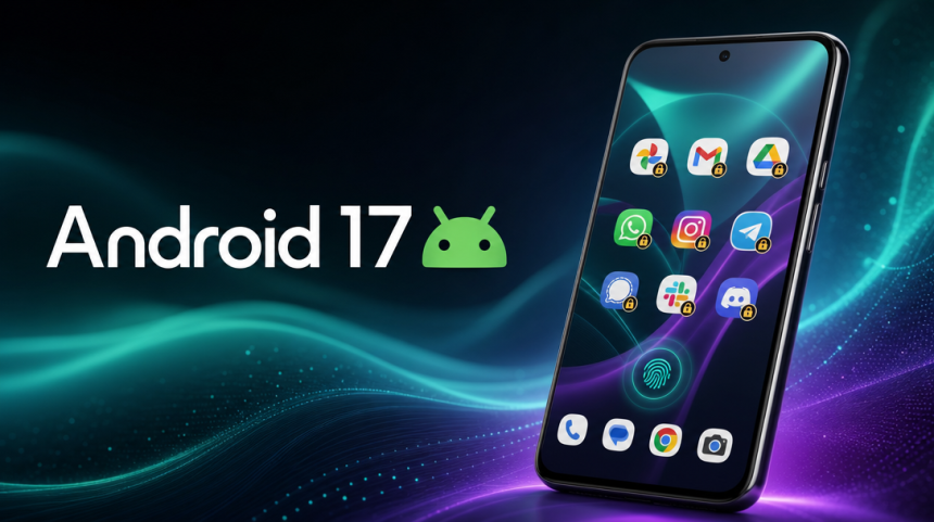 Smartphone Pixel affichant l'écran d'accueil Android 17 avec plusieurs applications verrouillées par un cadenas et une empreinte digitale, robot Android vert et mention Android 17 sur fond teal et violet
