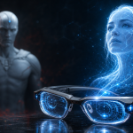 Concept art : lunettes futuristes Spider-Man avec hologramme IA féminin, pour la série Vision Quest de Marvel Studios
