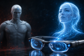 Concept art : lunettes futuristes Spider-Man avec hologramme IA féminin, pour la série Vision Quest de Marvel Studios