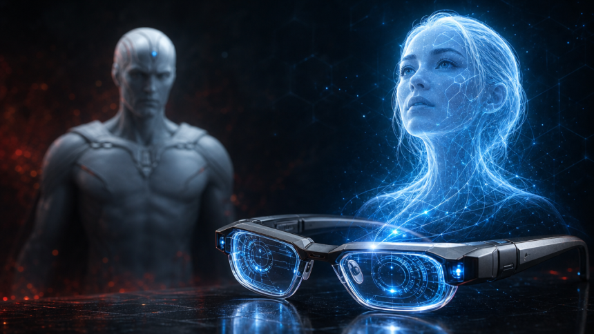 Concept art : lunettes futuristes Spider-Man avec hologramme IA féminin, pour la série Vision Quest de Marvel Studios