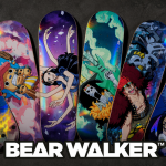 Collection One Piece x Bear Walker : six skate decks Devil Fruit en éventail avec artwork Luffy, Chopper, Robin, Brook, Kid et Law, logo Bear Walker en bas