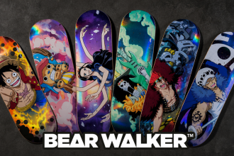 Collection One Piece x Bear Walker : six skate decks Devil Fruit en éventail avec artwork Luffy, Chopper, Robin, Brook, Kid et Law, logo Bear Walker en bas