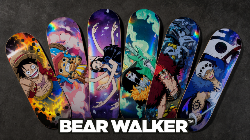 Collection One Piece x Bear Walker : six skate decks Devil Fruit en éventail avec artwork Luffy, Chopper, Robin, Brook, Kid et Law, logo Bear Walker en bas