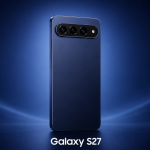 Samsung Galaxy S27, rendu concept avec barre de caméra triple, fond bleu Samsung