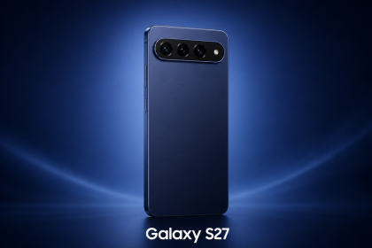Samsung Galaxy S27, rendu concept avec barre de caméra triple, fond bleu Samsung