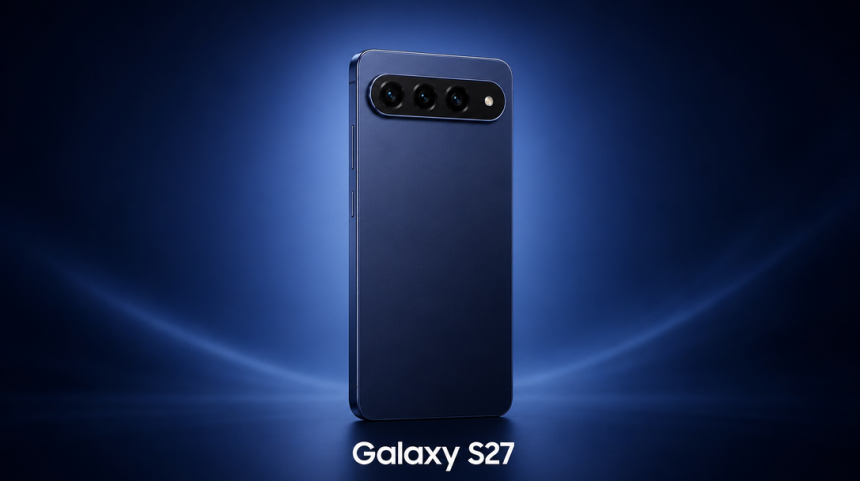 Samsung Galaxy S27, rendu concept avec barre de caméra triple, fond bleu Samsung