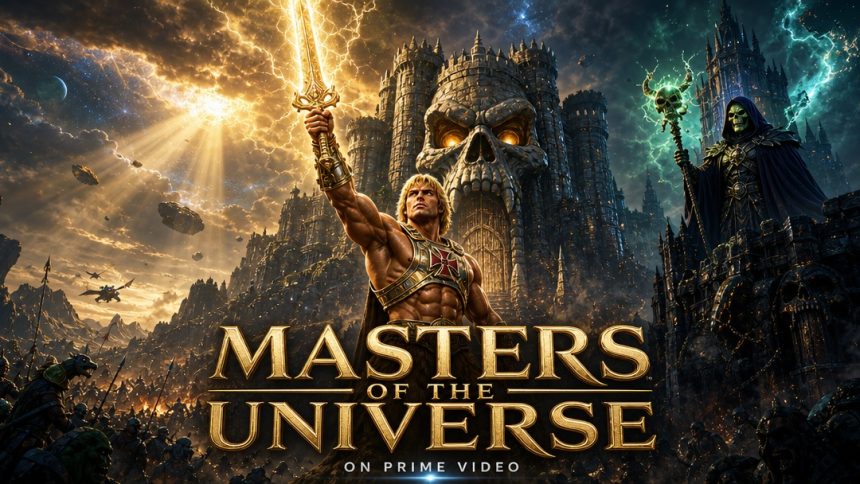 Affiche key art Masters of the Universe : He-Man brandit son glaive devant Castle Grayskull, face à Skeletor, sur Prime Video