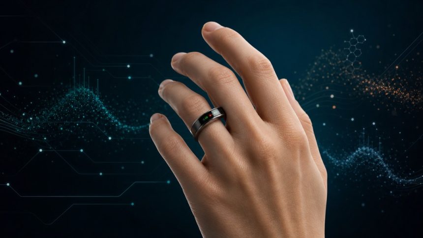 Bague connectée santé mesurant glucose, alcool et cétones dans la sueur, rendu concept