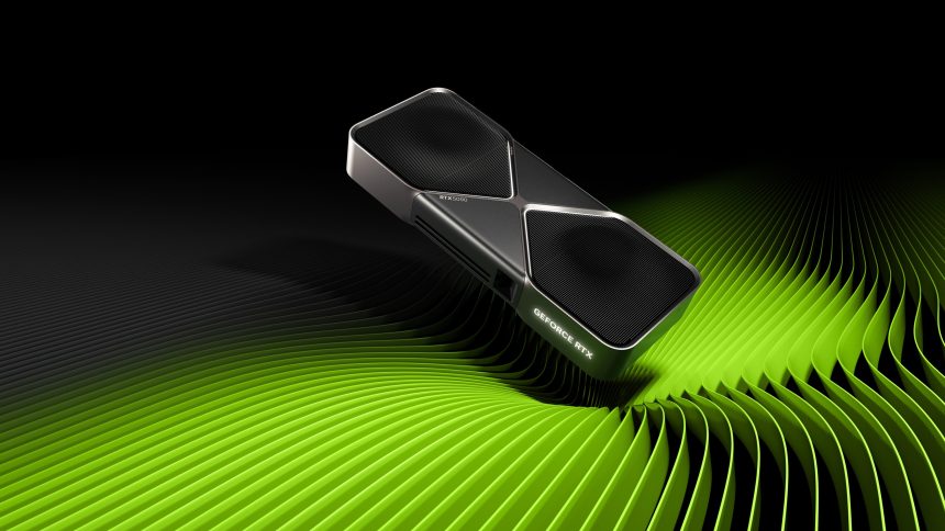 Carte graphique NVIDIA GeForce RTX 5090, visuel officiel de l annonce de DLSS 5 reserve aux RTX 50