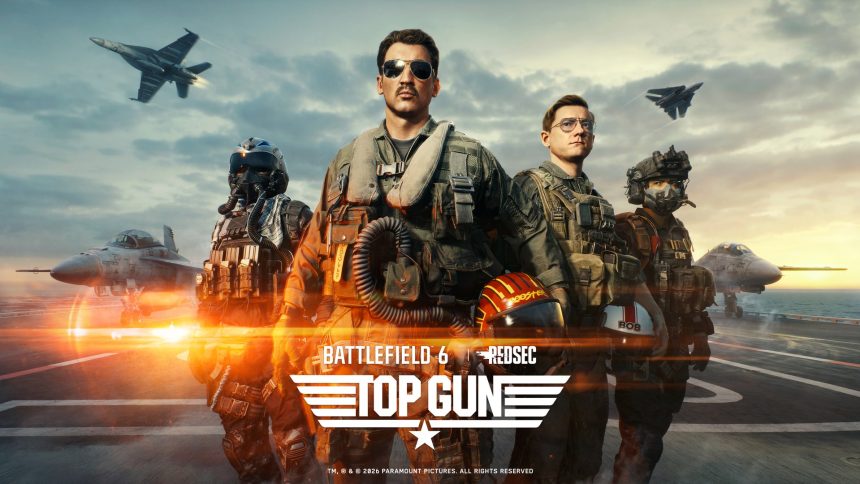 Key art officiel de la collaboration Battlefield 6 x Top Gun avec les chasseurs et le porte-avions