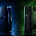 Concept d'une console PlayStation 6 et d'une console Xbox Helix côte à côte, rendu éditorial sans texte