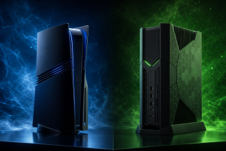 Concept d'une console PlayStation 6 et d'une console Xbox Helix côte à côte, rendu éditorial sans texte