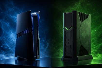 Concept d'une console PlayStation 6 et d'une console Xbox Helix côte à côte, rendu éditorial sans texte