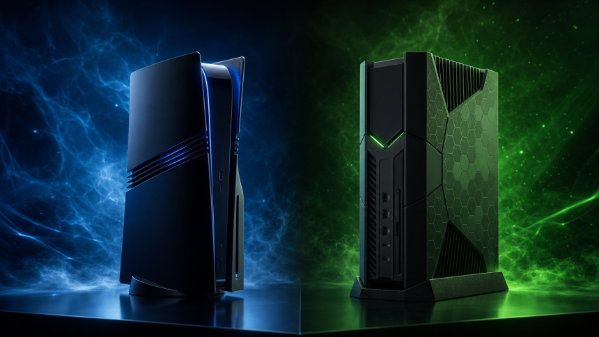 Concept d'une console PlayStation 6 et d'une console Xbox Helix côte à côte, rendu éditorial sans texte