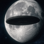 Concept : un immense vaisseau discoïde non identifié survolant la Lune, fond étoilé